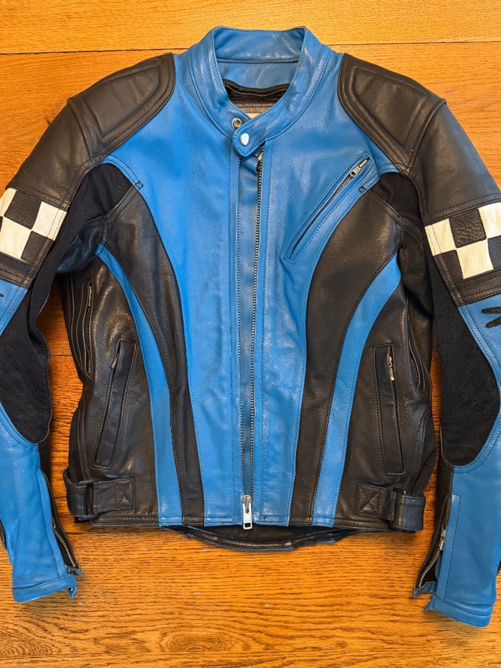 Vintage Joe Rocket Leather Motorcycle Jacket Blue Black Armored Size 40 Racing